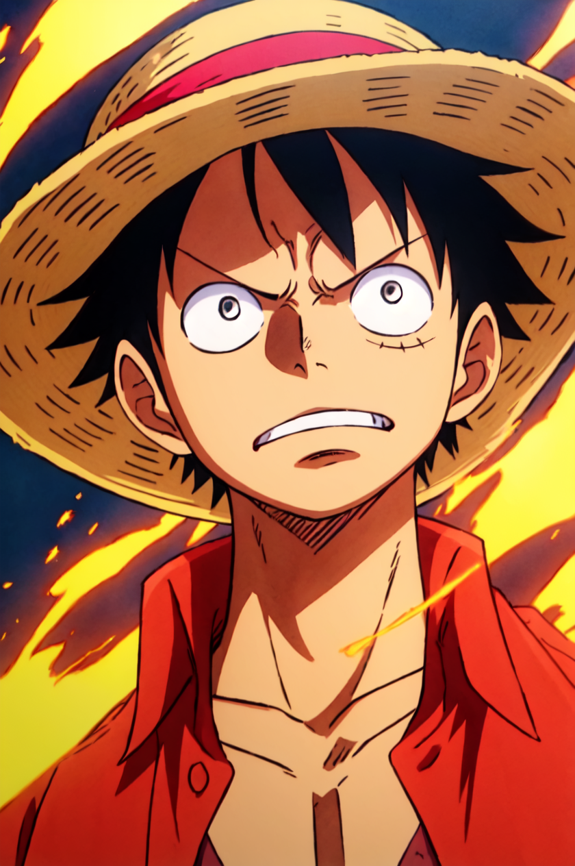 1boy, wanostyle, monkey d luffy, angry looking, straw hat, looking at viewer, solo, upper body, (((masterpiece))), ((best ...